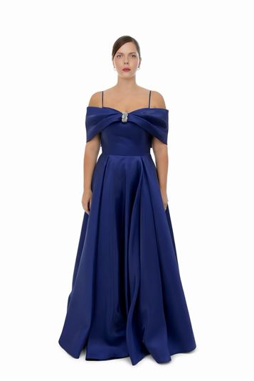 Plus Size Satin Evening Dress with Brooch Detail